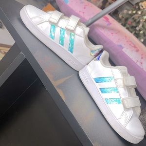 Adidas White with purple sparkle